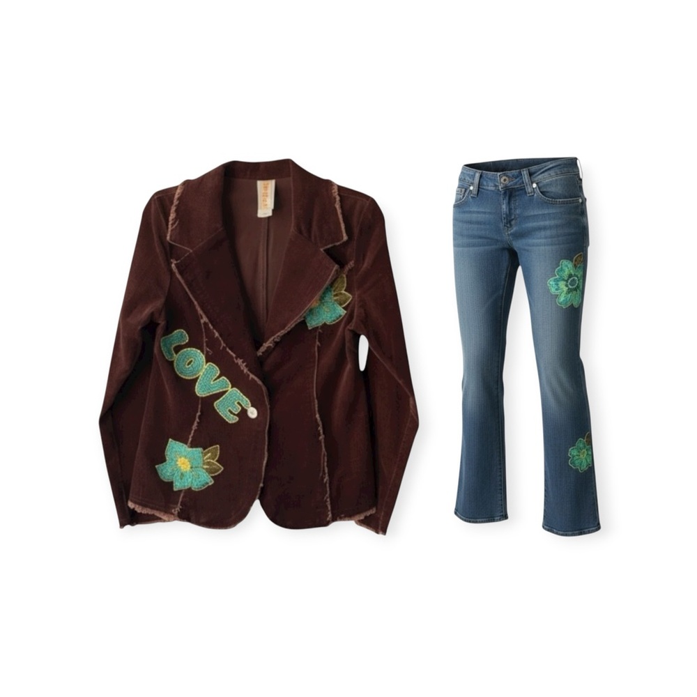 Tru Luv by Little Mass 𑁍 Flower Embroidered Cord Blazer Denim Jean Set 𑁍 Brown